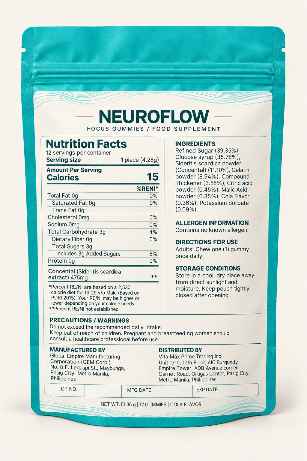 Neuroflow Focus Gummies pouch, back label with nutrition facts, ingredients and directions
